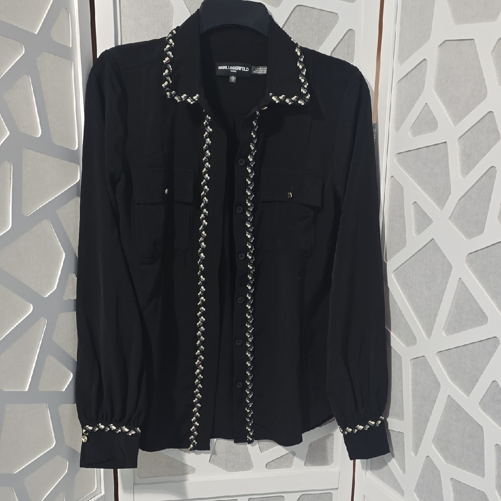 Karl Lagerfeld Black Blouse with Silver Braid Trim Medium Classic